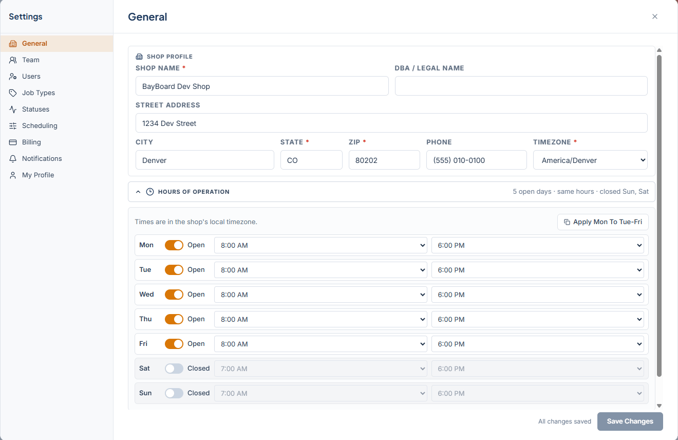 Settings > General showing the Shop profile card and the Hours of Operation accordion