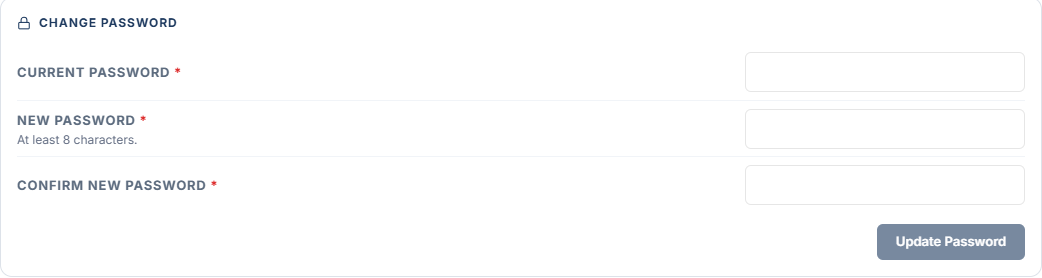 The Change Password panel in Settings > My Profile with Current Password, New Password, and Confirm New Password fields