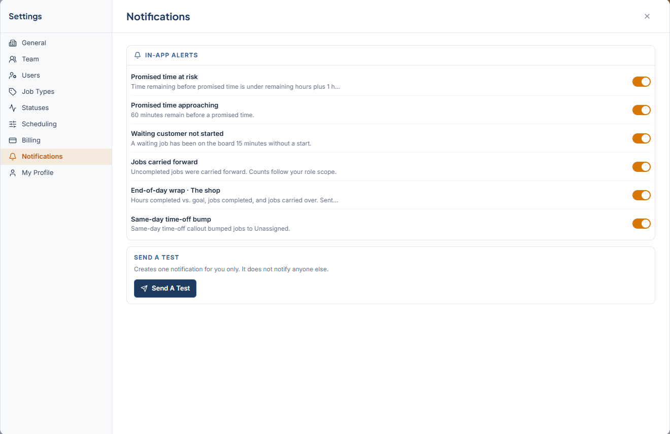 Settings > Notifications showing the In-app alerts toggles and the Send a test section