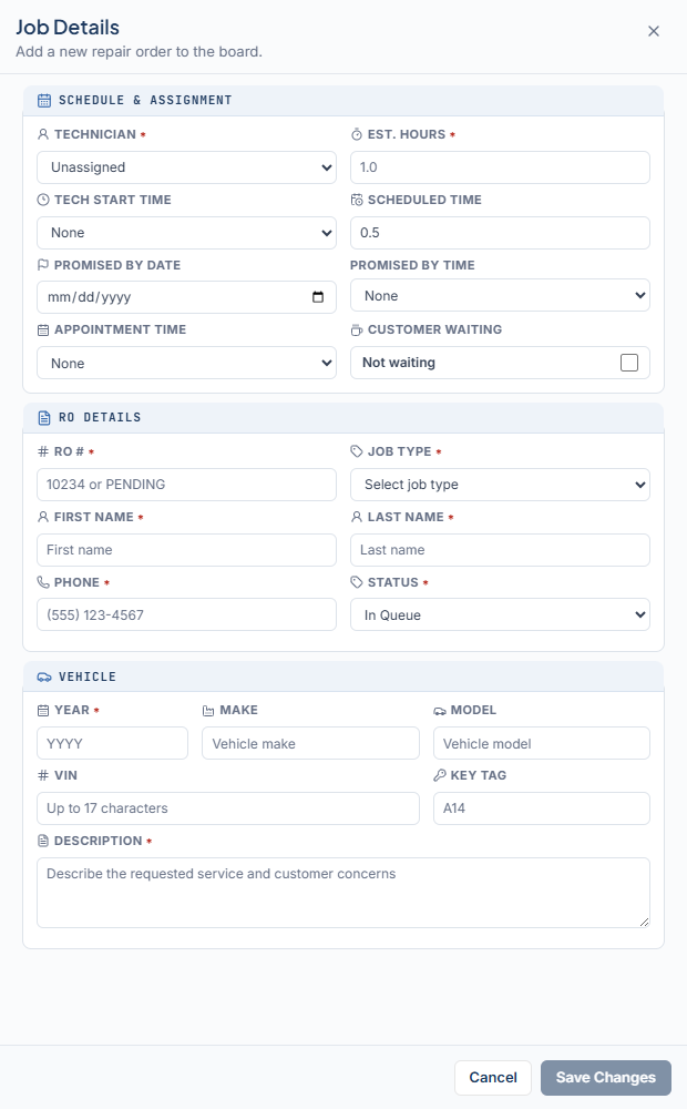 Job Details drawer in add mode with the Schedule & Assignment, RO Details, and Vehicle sections