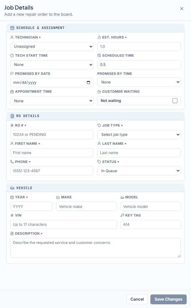 Job Details drawer in add mode with the Schedule & Assignment, RO Details, and Vehicle sections