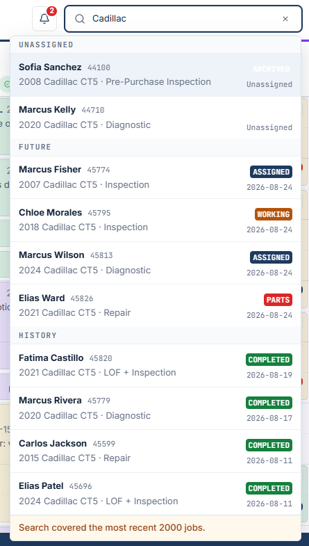 Global search with results grouped by Today, Unassigned, Future, and History