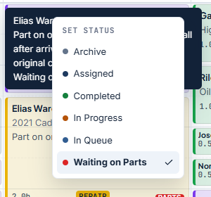 Set status menu opened from a job card's status pill