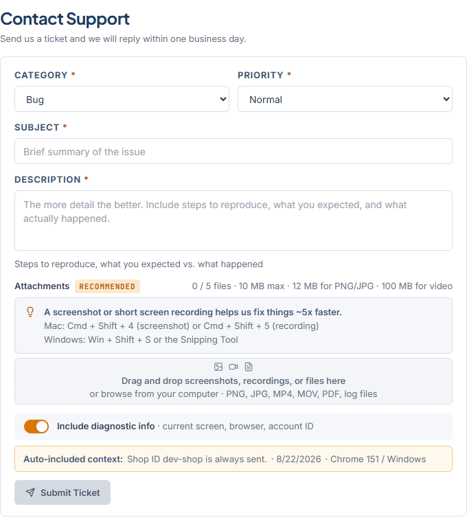 The Contact Support form with Category, Priority, Subject, Description, the attachments drop zone, and the Submit Ticket button