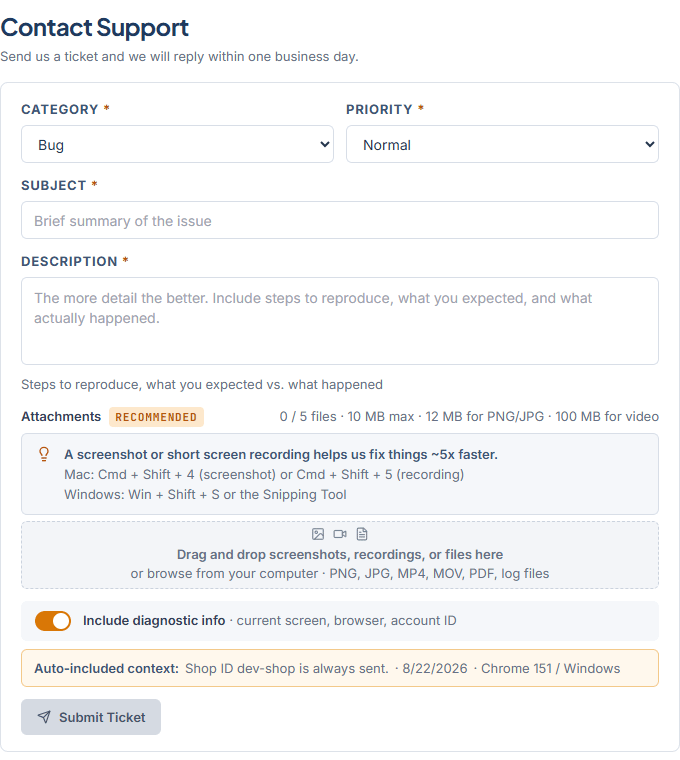 The Contact Support form with Category, Priority, Subject, Description, the attachments drop zone, and the Submit Ticket button
