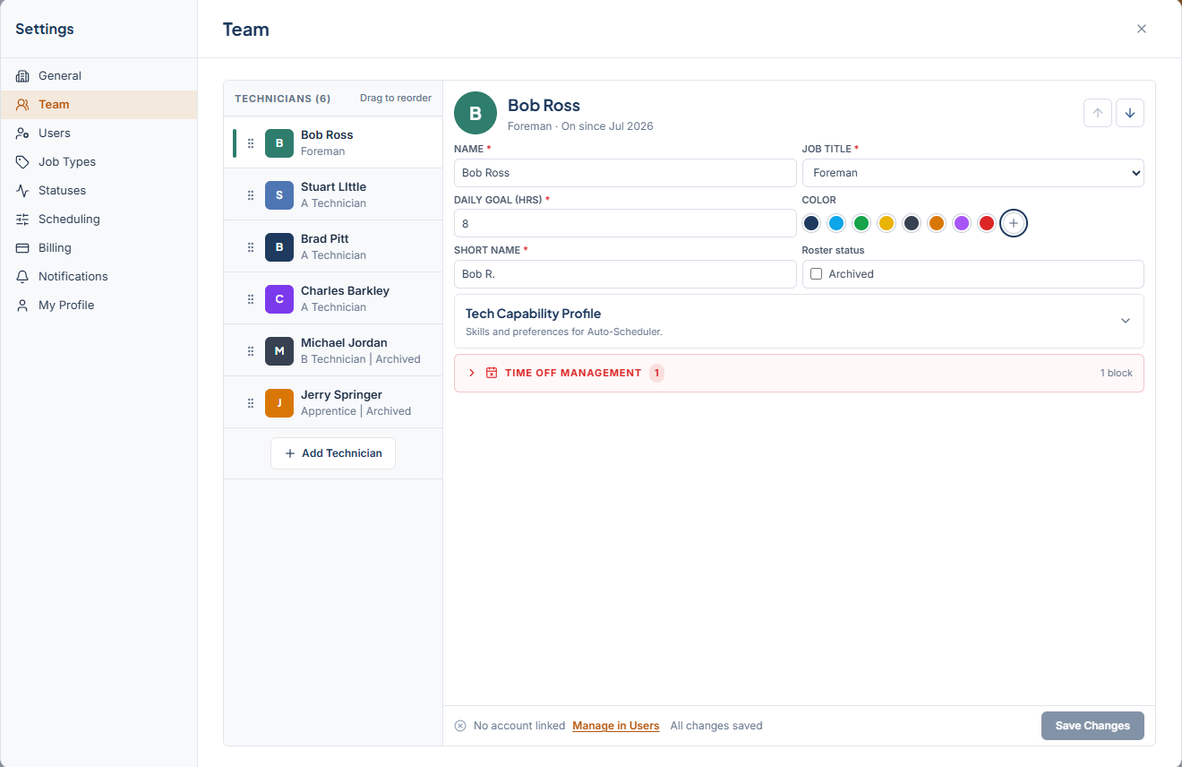 Settings > Team with the technician list on the left and a technician's detail fields on the right