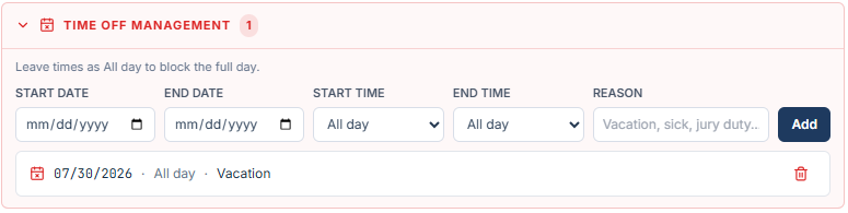 Time Off Management panel with start and end date, start and end time, reason, the Add button, and an existing all-day block