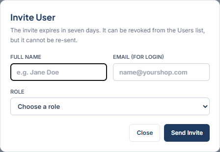 Invite User dialog with full name, email, role, and link to roster tech fields