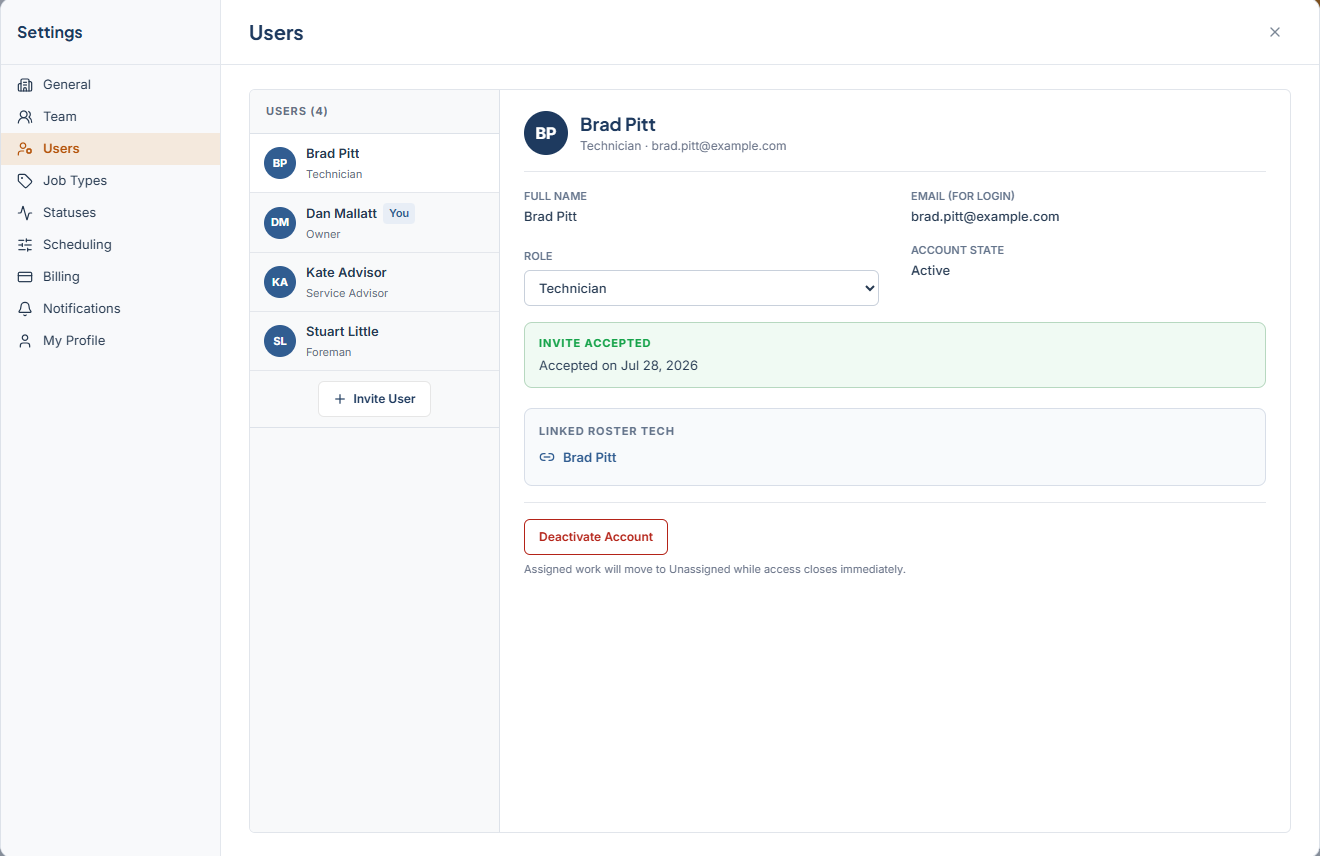 Settings > Users with the user list on the left and a member's detail fields on the right