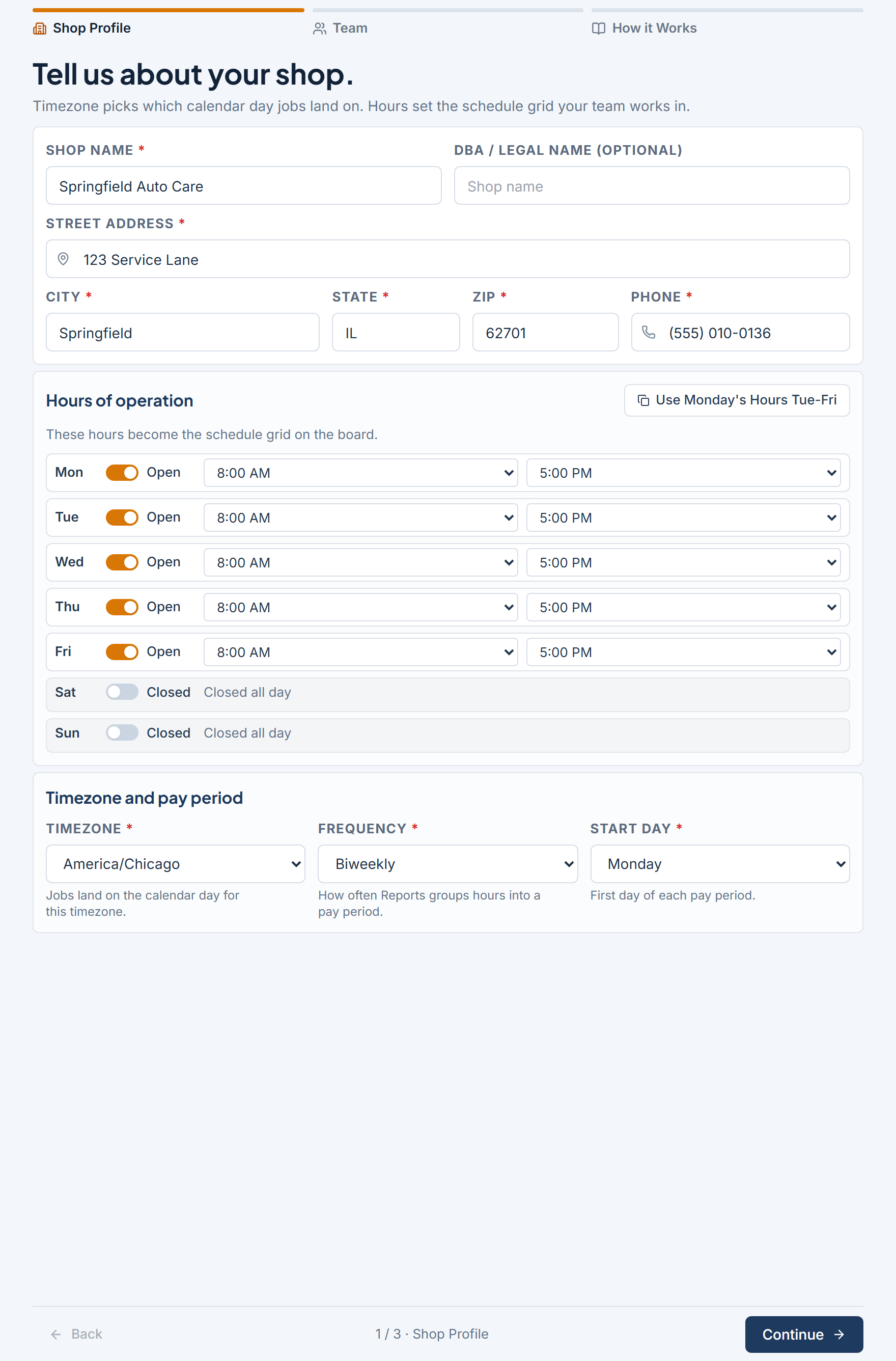 Onboarding Shop Profile with shop details, weekday opening hours, timezone, pay period, and Continue button