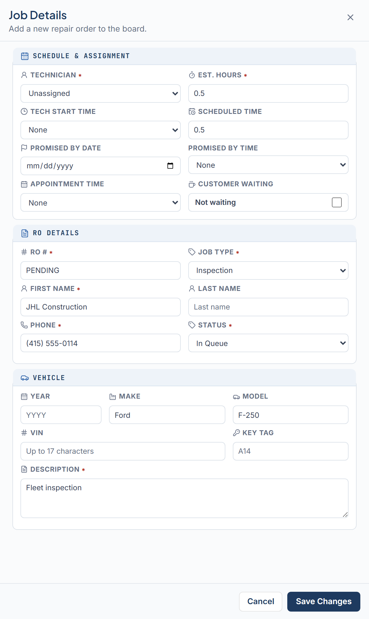 Job Details drawer in add mode with the Schedule & Assignment, RO Details, and Vehicle sections