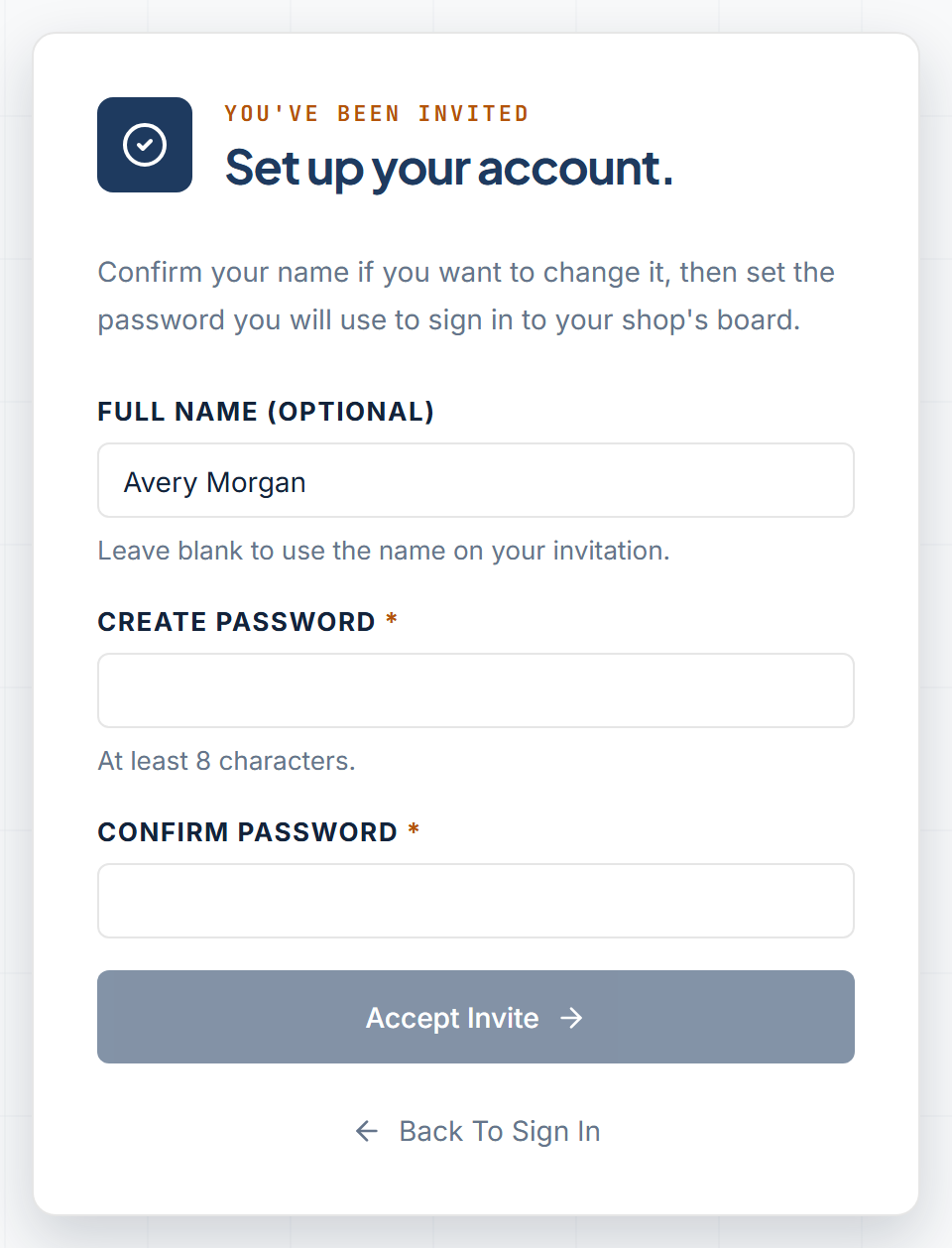 Set up your account invitation form with an optional full name and empty Create Password and Confirm Password fields