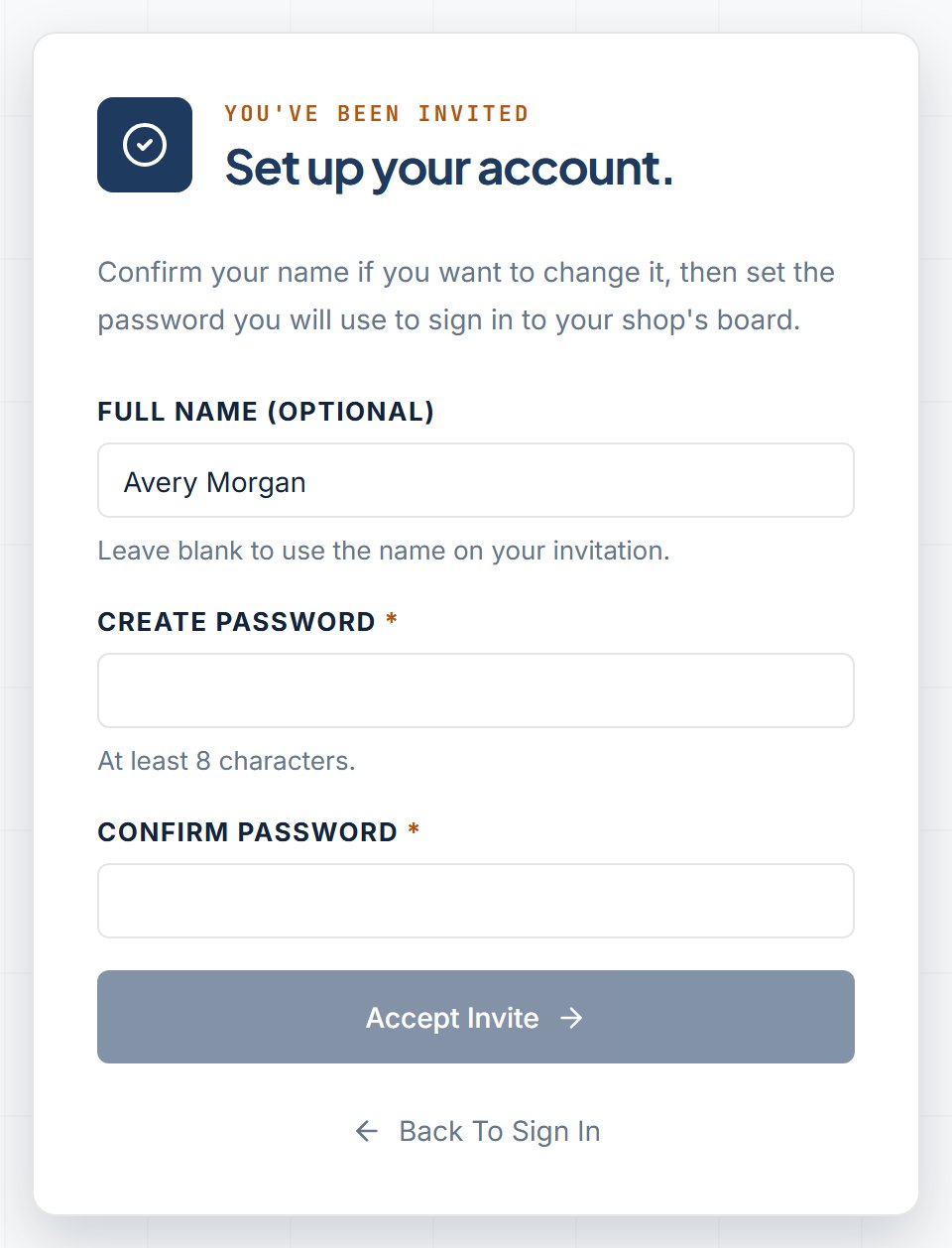 Set up your account invitation form with an optional full name and empty Create Password and Confirm Password fields