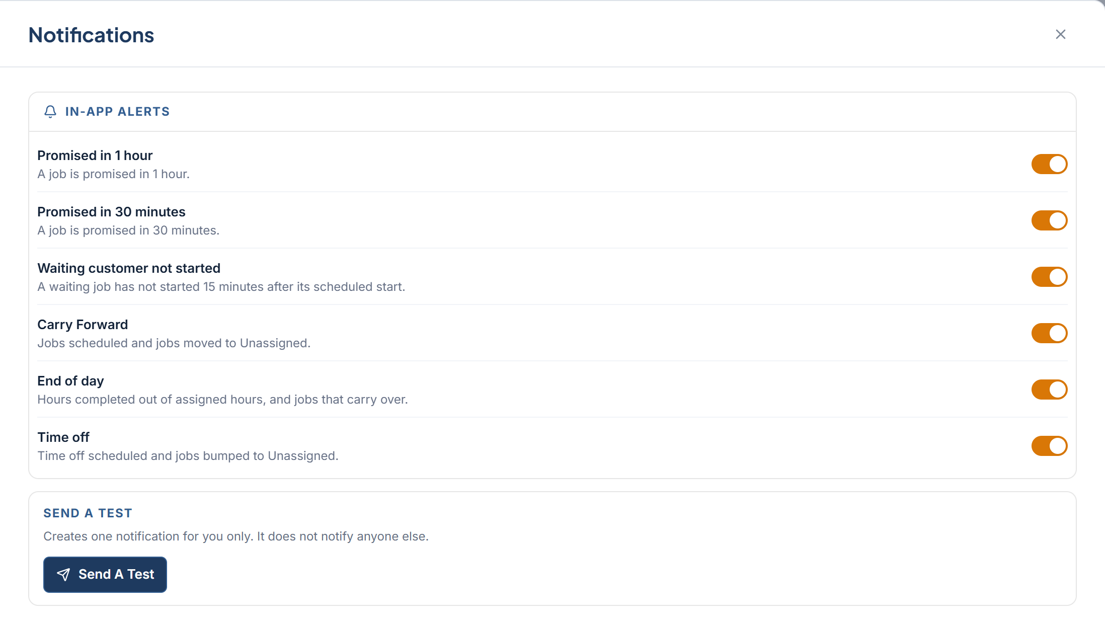 Settings > Notifications showing the In-app alerts toggles and the Send a test section