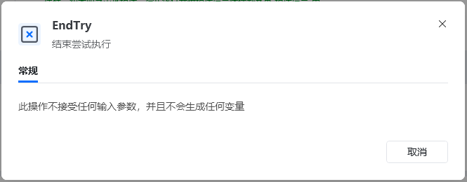 EndTry指令参数面板