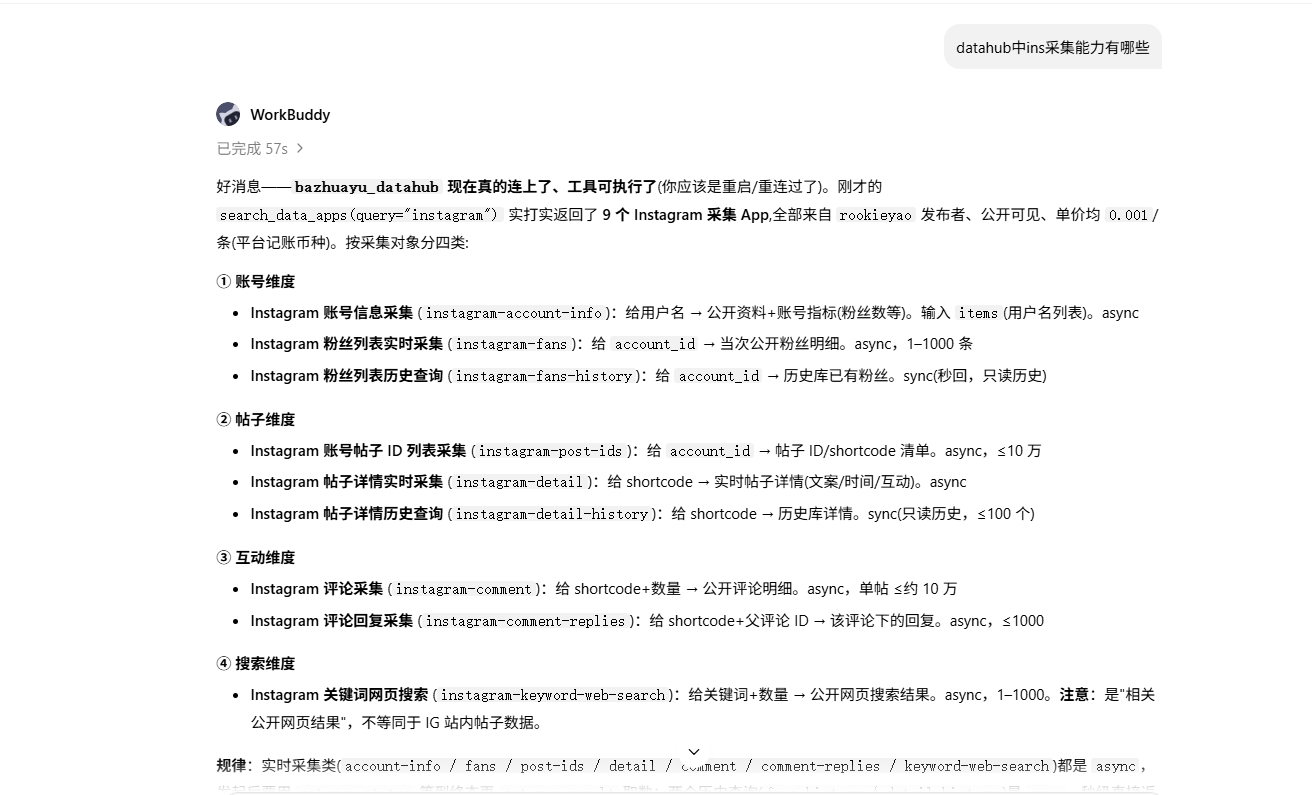 WorkBuddy 通过 DataHub 通用 MCP 搜索 Instagram 相关 Data App 的实际结果