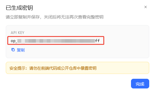 生成后复制 API 密钥并妥善保存