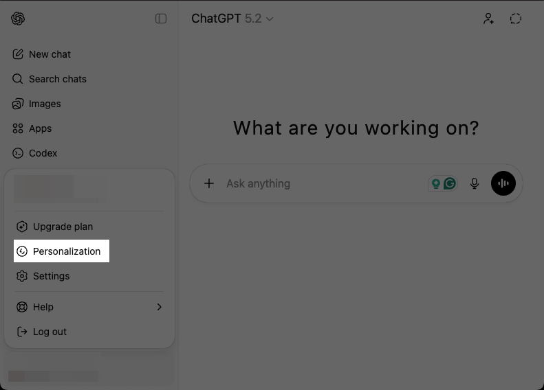 在 ChatGPT 中打开 Personalization 设置