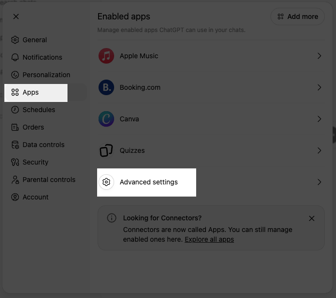 在 ChatGPT 中进入 Apps 高级设置