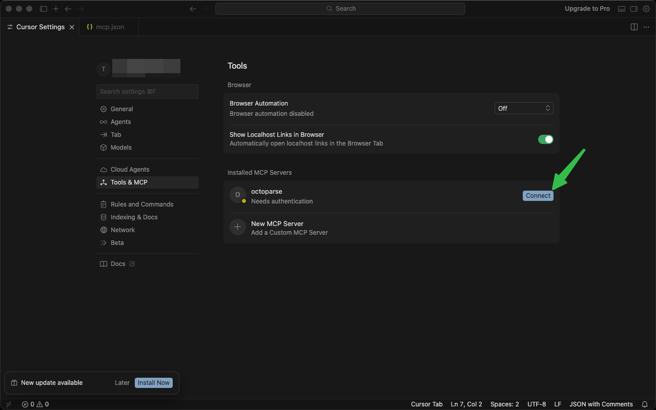 点击 Add Custom MCP 添加服务器