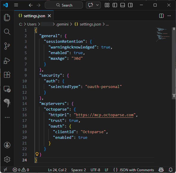 在 settings.json 中配置八爪鱼 MCP 服务器