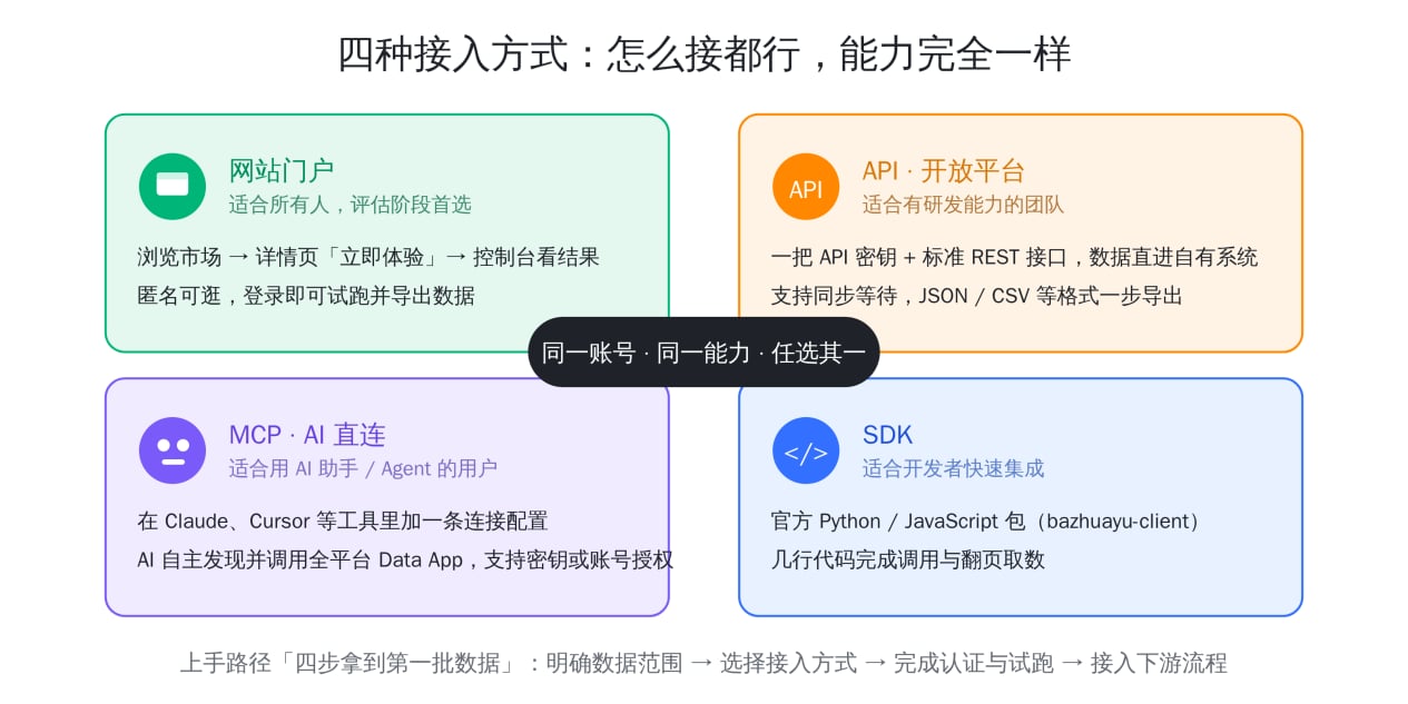 DataHub 支持网站门户、API、MCP 和 SDK 四种接入方式
