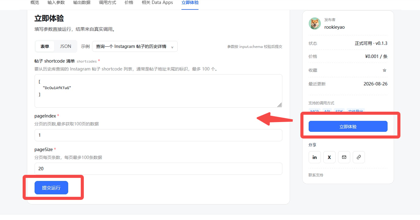 填写 Data App 参数并提交运行