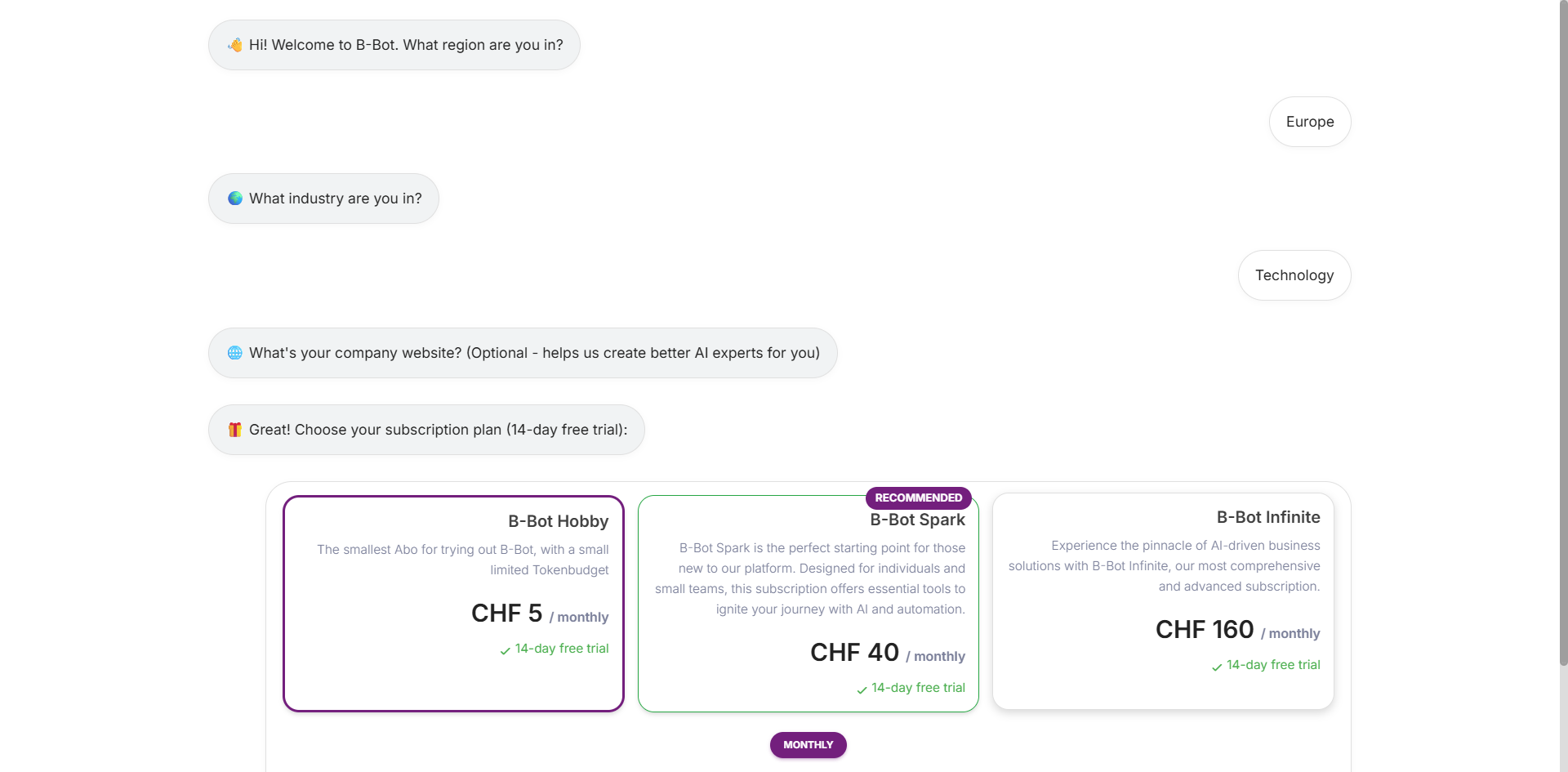 B-Bot Subscription Plans