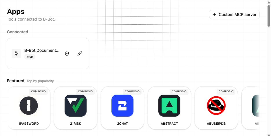 Connected apps and app catalog in B-Bot Hub