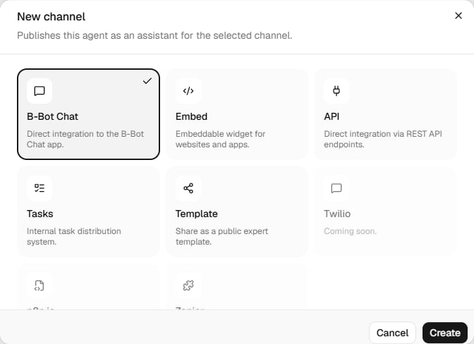 Channel types available in B-Bot Hub