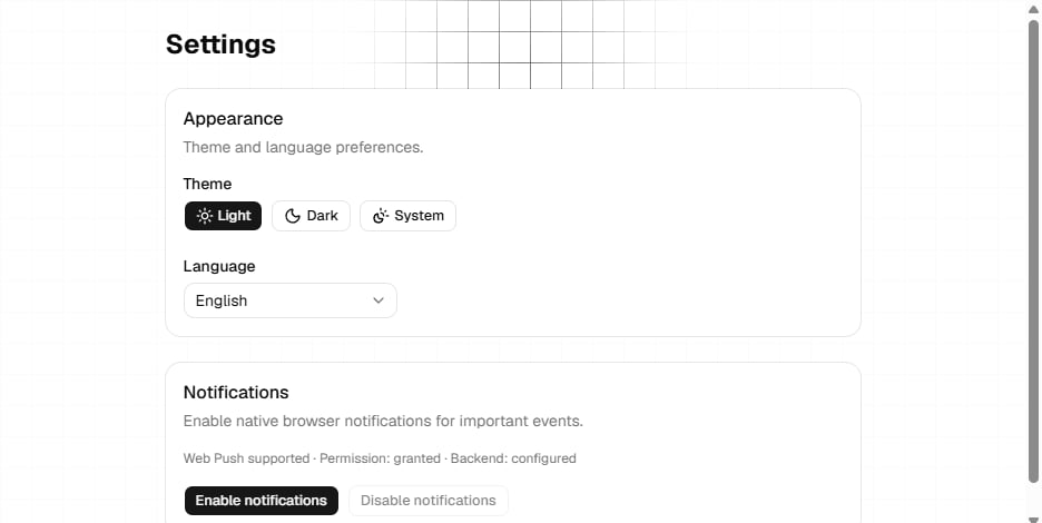 Appearance, language, and notification settings