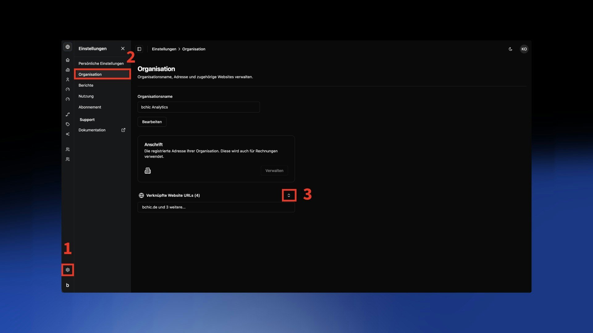 Einstellungen Organisation Dashboard