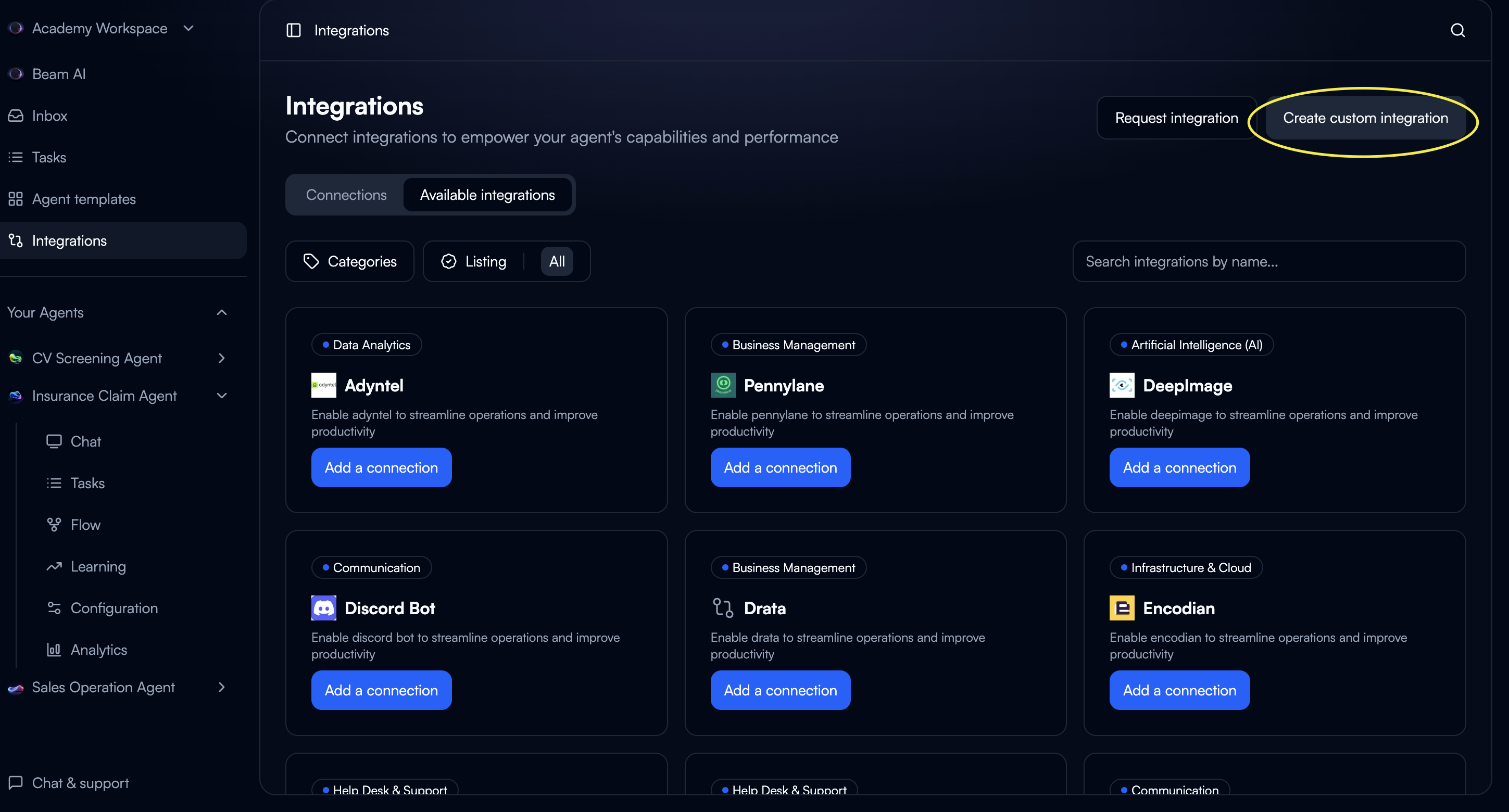 Create custom integration button