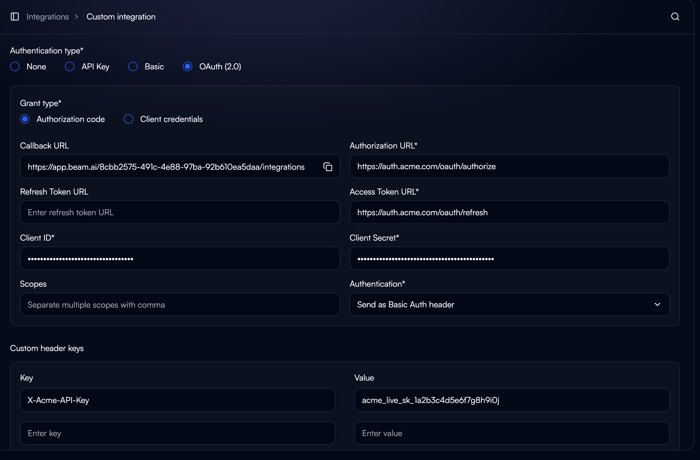 OAuth 2.0 authentication configuration