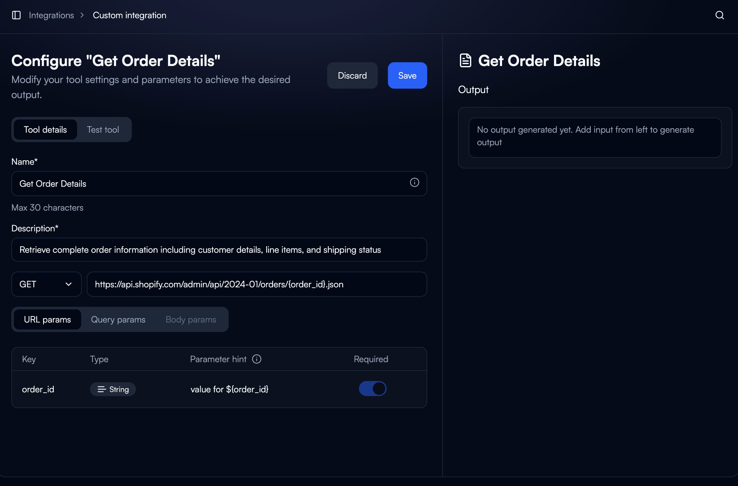 Tool configuration with endpoint and parameters