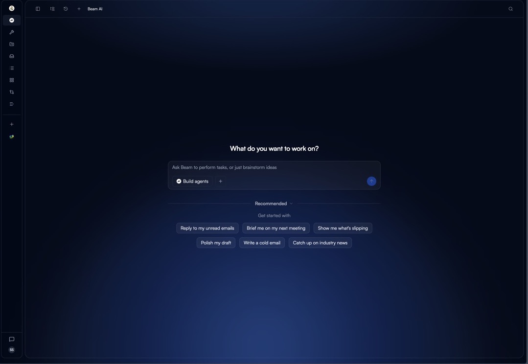 The current Beam workspace home with the Ask Beam composer, Build agents control, and recommended task prompts.