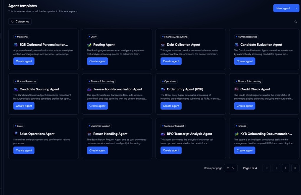 Agent templates gallery with category filters, template cards, Create agent buttons, and pagination