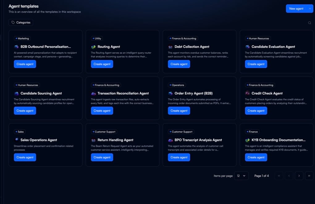 Agent templates gallery with category filters, template cards, Create agent buttons, and pagination