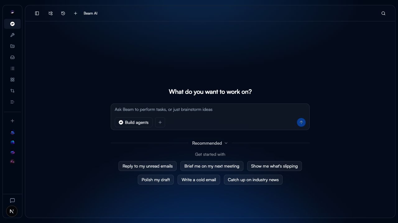 Beam AI Demo workspace home with the workspace picker closed and the left navigation sidebar visible