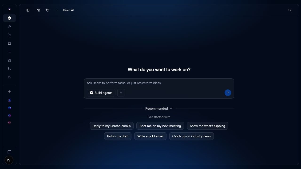 Beam AI Demo workspace home with the workspace picker closed and the left navigation sidebar visible