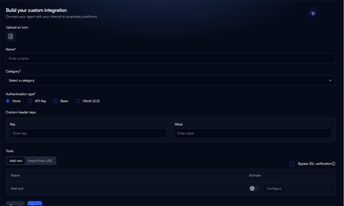 Custom integration builder with name, category, authentication, custom headers, and tool options