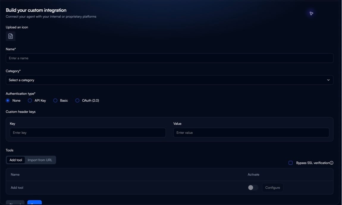 Custom integration builder with name, category, authentication, custom headers, and tool options