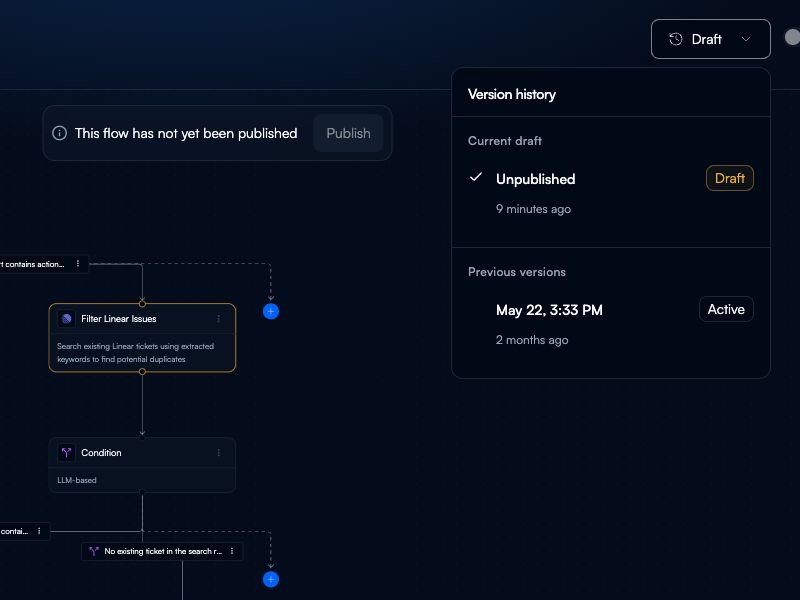 The Flow header's Version history menu showing the current unpublished draft and a previous active version.