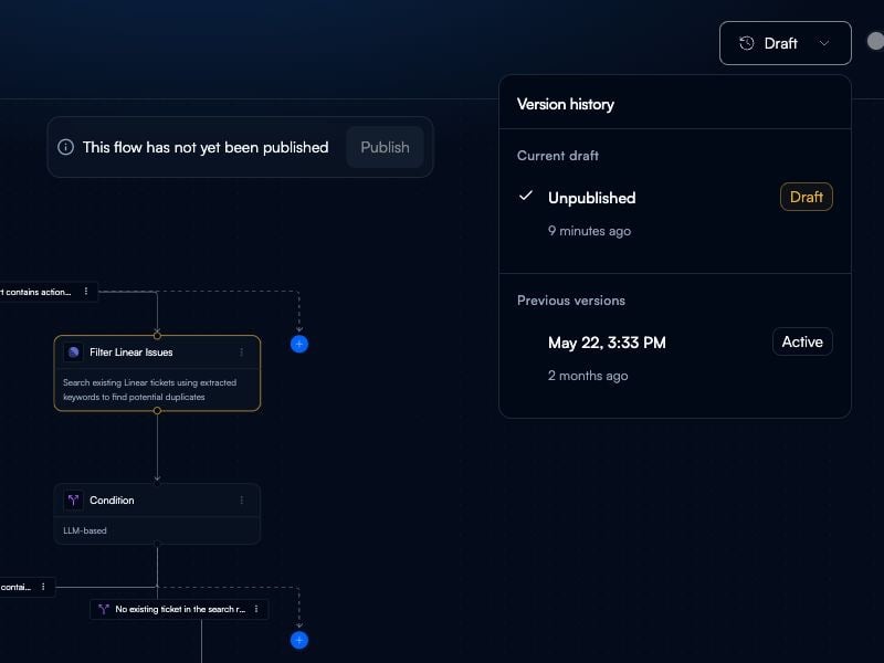 The Flow header's Version history menu showing the current unpublished draft and a previous active version.