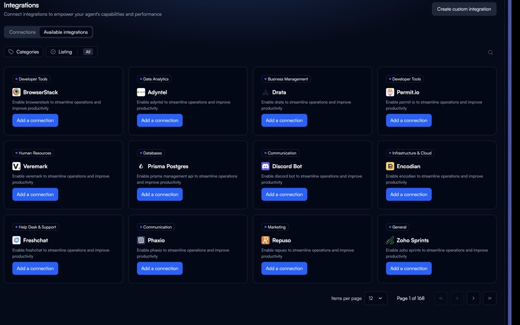 The Integrations page with the Available integrations tab, category and listing filters, integration cards, Add a connection buttons, and pagination.