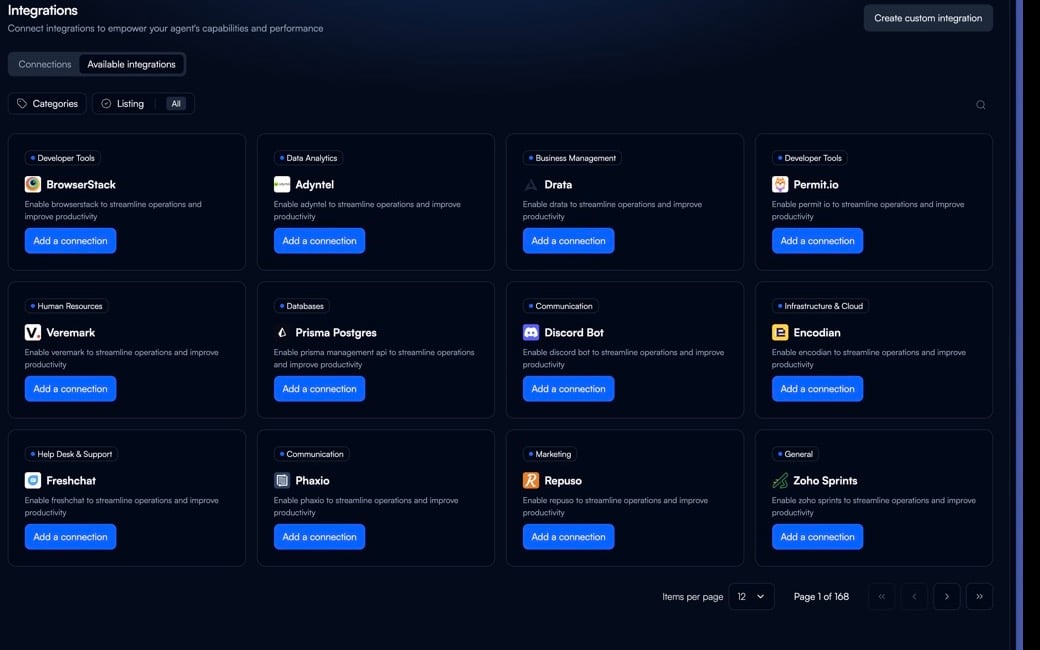 The Integrations page with the Available integrations tab, category and listing filters, integration cards, Add a connection buttons, and pagination.