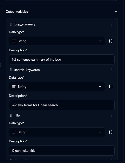 An AI step's Output variables section with separate bug_summary, search_keywords, and title outputs, each with a data type and description.