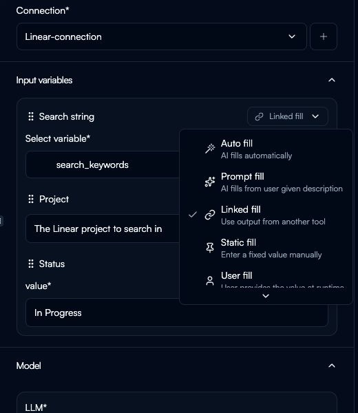 A downstream integration step's input variable with the Linked fill menu open and an output variable selected.