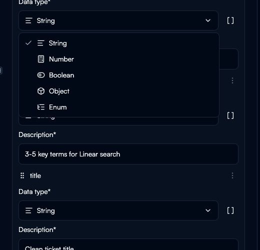 The output variable Data type menu with Object available as a type.