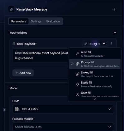 A Flow node's Parameters sidebar with the Input variables fill-method menu open.